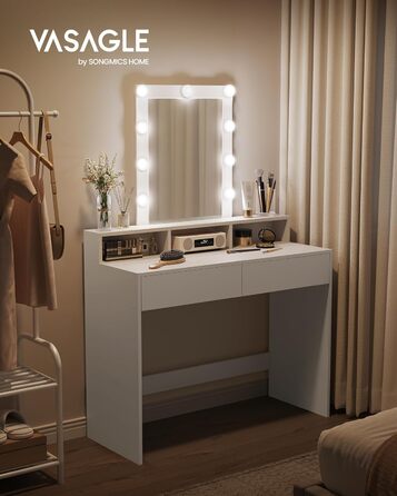 VASAGLE туалетний столик з LED-підсвіткою, регульована яскравість, дзеркало, 2 шухляди, 3 відкриті ніші, сучасний білий косметичний стіл 100x145 см