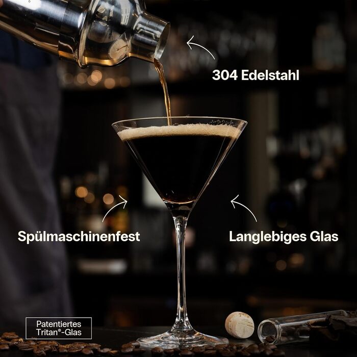 Коктейльний набір Cocora Martini-Set 8 предметів з нержавіючої сталі: шейкер, келихи для Мартіні, книга рецептів, подарункова упаковка (Чорний)