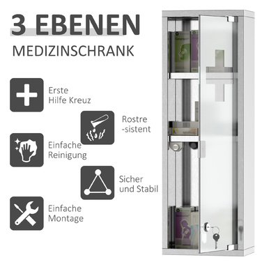 Kleankin Medicine Cabinet First-Aid Cabinet 20x12x58cm Stainless Steel with Frosted Glass in Silver, ideal for Home & Office