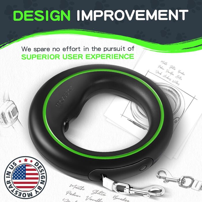 Висувна собача шлейка Hände Frei, 360° без перекручування, з тримачем для пакетів, 3м, для середніх та маленьких собак (Чорний/Зелений)