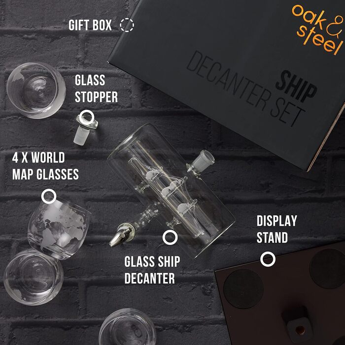 Oak & Steel - Whisky Decanter, Ship Carafe (1000ml) with Stainless Steel Spout & 4 Whisky Glasses - Valentine's Day, Birthday & Father's Day Gift Set for Men