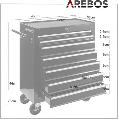 Arebos 7-Drawer Tool Cart with Central Lock