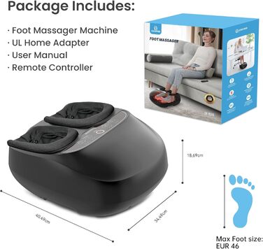 Масажер для ніг Comfier Shiatsu з підігрівом - електричний масажер для ніг з 3D-кнедуванням, роликами та повітряною компресією, 3 рівні інтенсивності для втомлених м'язів та підошви, чорний, 34.5X18.7X40.5cm