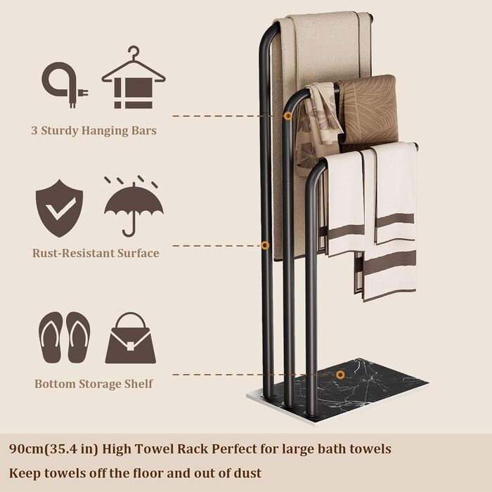 Підставка для рушників Yawinhe, чорна, з 3 стійками, з нержавіючої сталі, 39x26x90 см