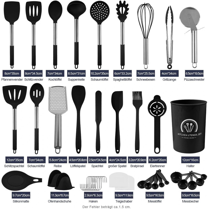 Набір кухонних помічників 45 предметів: силіконове кухонне приладдя, тримач, вінчик з нержавіючої сталі, половник, лопатка, придатне для миття в посудомийній машині, чорний