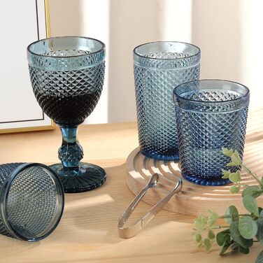 Joeyan 300ml Blue Drinking Glasses Set of 6, Colorful Water Glasses Set with Diamond Relief, Vintage Glasses Set for Home Restaurant Bar, Dishwasher Safe