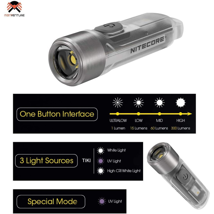 Ліхтарик-брелок Nitecore TIKI, міні, акумуляторний, 300 люмен, UV-світло, надяскравий