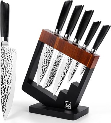 Набір кухонних ножів Messerblock 6-TLG з блоком: професійний набір з нержавіючої сталі з ергономічною ручкою з ебену, кухонний, м'ясний, хлібний, універсальний та овочевий ножі