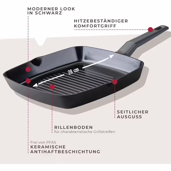 Fackelmann Grill Pan 28cm Statement – Ceramic Coated Pan - Recycled Aluminium with Non-Stick Coating – Suitable for all hob types including induction, PFAS-free 28 cm Grill Pan