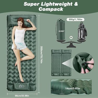 JATEKA Self-Inflating Sleeping Pad - Ultralight Camping Mat with Pillow & Foot Pump - Compact Sleeping Pad for Backpacking, Hiking, Travel & Tent Use