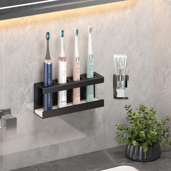Настінний тримач для електричної зубної щітки з органайзером для пасти, 4 відділення, чорний