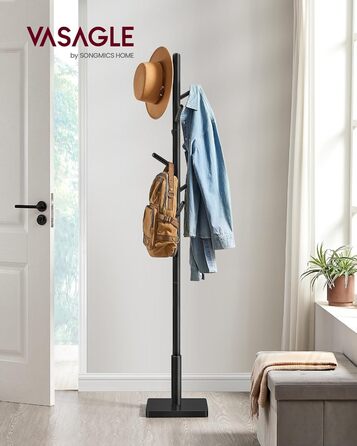 VASAGLE Coat Rack, Clothes Rack Solid Wood, Tree Shape Jacket Stand, 8 Hooks for Jackets, Hats, for Entryway, Hooks and Holding Rod made of Rubberwood, Cloud White RCR00W02 (Ink Black, 1)
