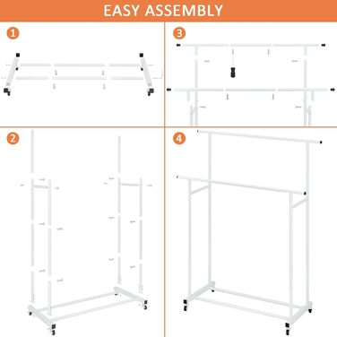 Clothes Rack with Double Rod, Rolling Clothes Rack, Portable Clothes Rack for Bedroom, Living Room, Clothing Store, (White)