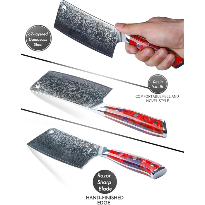 Ніж кухарський Sanmuzuo Hackmesser 17 см, професійний, Дамаск, Xuan Serie, VG10 сталь, ручка з епоксидної смоли (Saphirblau), колір 