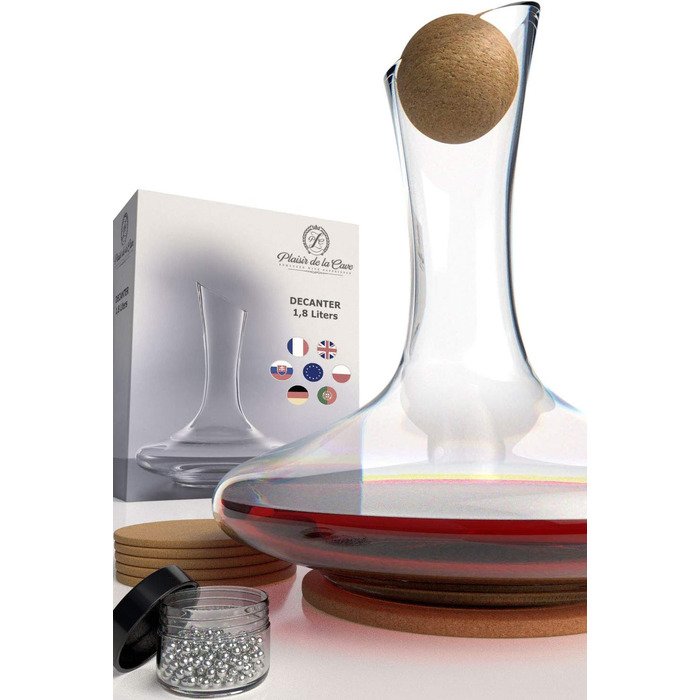 Decanter & Accessories (Cleaning Pearls, Cork Stopper, Trivets & Coasters) - 100% Handmade in Europe Lead-Free Crystal Glass Wine Decanter for Red Wine - Unique Gift Idea
