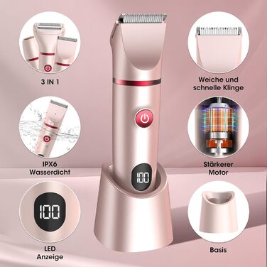 Suttik 3-в-1 тример для інтимної зони для жінок. Електричний бездротовий триммер для бікіні, вологостійкий (IPX6). Зручний подарунок (рожевий)