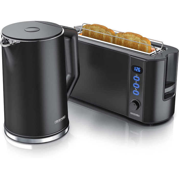 Набір чайник та тостер Arendo з нержавіючої сталі, чорний. Чайник 1.5л, регулювання температури 40-100°C, тостер на 2 тости з LED-дисплеєм, 6 ступенів підсмажування, підставка для булочок.