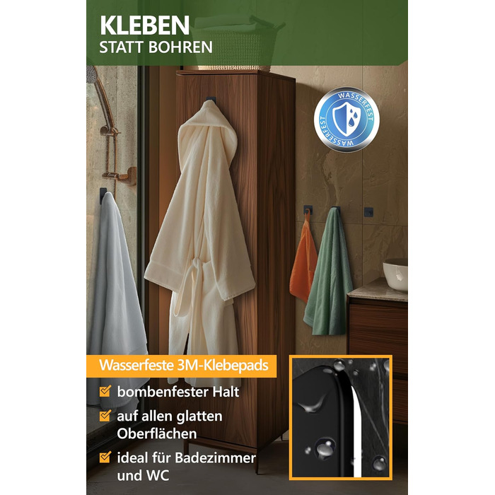 Набір тримачів для рушників 4smile (6 шт.) без свердління, з нержавіючої сталі, чорний. Самоклеючі гачки для ванної кімнати, висока вантажопідйомність.