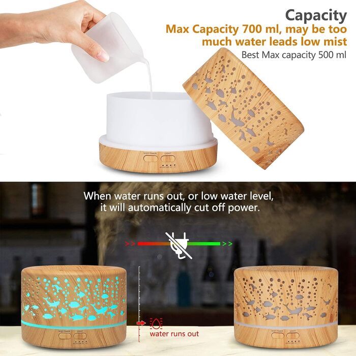 Аромадифузор Hianjoo 700мл з таймером, ультразвуковий, LED, 7 кольорів, для офісу, йоги, спа, спальні - світле дерево