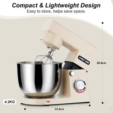 Кухонний комбайн Cheflee 1500W з місткими чашами 4.5 та 5.5L з нержавіючої сталі, 10+ швидкостей, з гаками для тіста, вінчиком та насадками для збивання, з кришкою-розбризкувачем