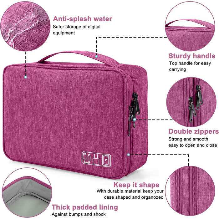 Водонепроникний органайзер для електроніки з 2 відділеннями: SD-картки, флешки, Power Bank, 27x20x8 см (фіолетовий)