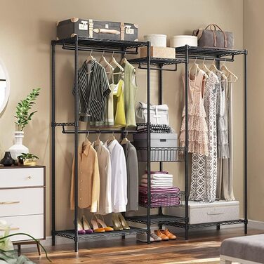 Heavy-Duty Clothes Rack, Garment Rod, Wardrobe, Freestanding Clothes Rail with Height-Adjustable Shelves and Storage Baskets, Load Capacity up to 320 kg, White (Black)