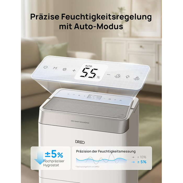 Dreo Електричний осушувач повітря 20л/24г - для приміщень 37 м², енергозберігаючий, тихий, з керуванням через App & Alexa, 3 режими, таймер, регулювання вологості, з відводом води, для спальні та ванної кімнати, білий