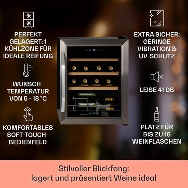 Klarstein Wine & Beverage Refrigerator - 1 Zone, UV Protection, 5-18°C, 16 Bottle Capacity, Freestanding, Silver & Black