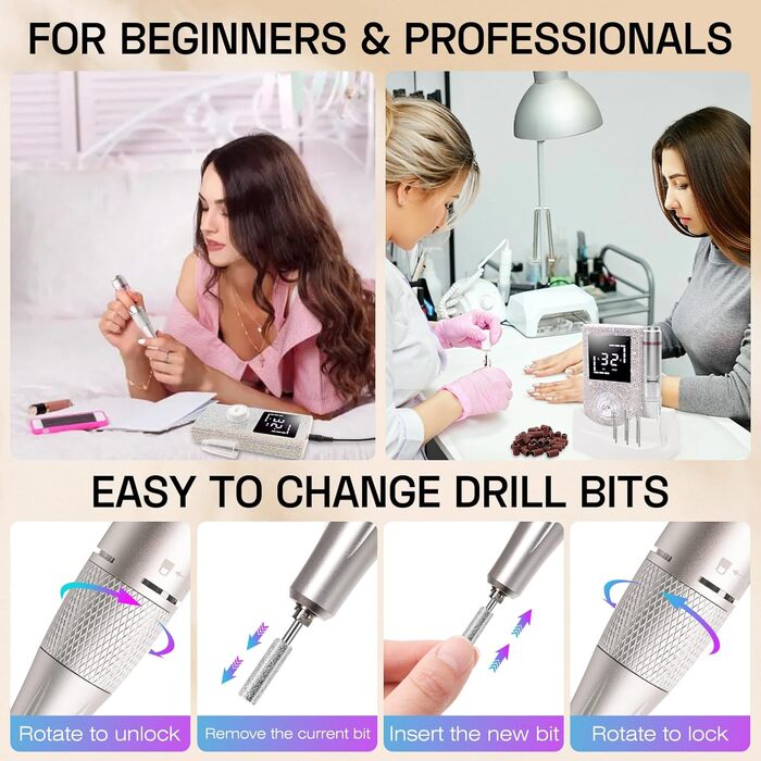 Електрична машинка для манікюру та педикюру - професійна бездротова 45000 об/хв для акрилу, гелю та пудри