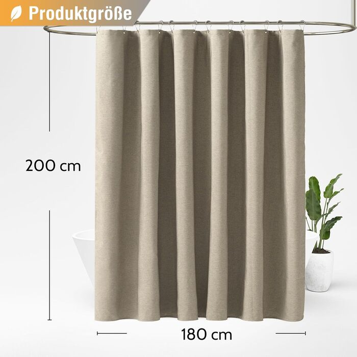 Тканинна шторка для душу BTTN, 180x200 см, льонова текстура, антигрибкова, пральна, текстильна, з 12 гачками, сучасна, водонепроникна, з обтяжувачем, декор з поліестеру, кремовий (хакі, однотонна, H200 x B180 см (1 шт))