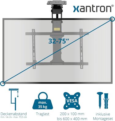 Xantron DEHA-600E Electric Tilting and Swivel TV Ceiling Mount - 32-75 Inch, Voice Control Remote Included