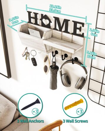 Дерев'яна ключниця HapiRm з декором HOME, 7 гачків, полиця для дрібниць, підходить для прихожої, спальні, офісу (біла)