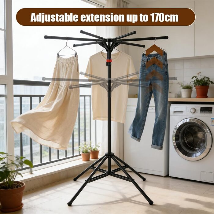 Сушарка для білизни Standtrockner Hoch Klappbar - розкладний стійкий тримач для одягу з 6 крилами, регульована висота 120-170 см, з вуглецевої сталі, для балкону, в приміщенні та на вулиці (чорний)
