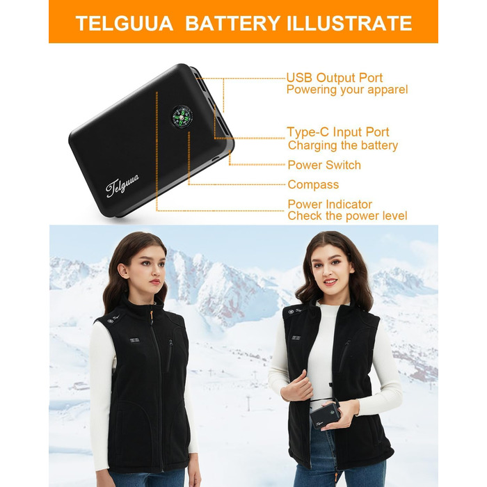 Тепла флісова жилетка з підігрівом для жінок Telguua з акумулятором 5V 10000mAh, 6 зон нагріву, 3 рівні температури, для кемпінгу, походів, сноубордингу, катання на лижах, чорна