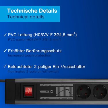 Многофункціональна мережева розетка REV SupraGuard 4-fach з вимикачем, 2.5м кабелю, захистом від перенапруги та фільтром, антрацит-чорний