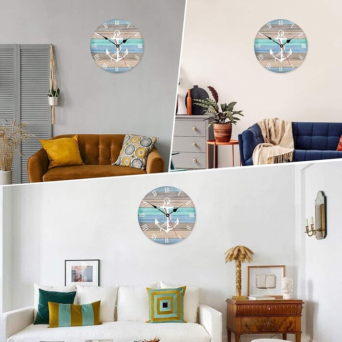Toudorp Wall Clock Wooden French Country Style Silent Wall Clock Easy to Read Battery Operated Home Decorative Retro Wall Clock (Nautical Stripe Anchor, 12 inches)