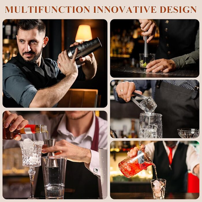 Набір для коктейлів FoiiLiio 12 шт. з шейкером 750 мл та аксесуарами для бару, нержавіюча сталь, з бамбуковим підставкою для дому, SHAKER-12P