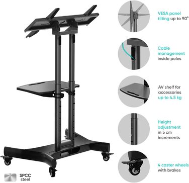 ONKRON Mobile TV Stand with Wheels - Adjustable Height & Tilt for 32-70 inch TVs (up to 45kg) - VESA 600x400 - Black