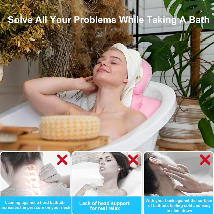 Bathtub Pillow Full Body Bath Pillow, Thick Bathtub Pillow with Laundry Bag, Luxurious Pillow for Bathtub Headrest Neck Shoulder Support Comfort Relaxation Spa Accessory (Pink)