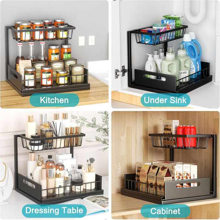 Cocolemon Metal Under Sink Shelf, 2-Tier Kitchen Cabinet Organizer with Drawer, Large Capacity Under Sink Shelf, Spice Rack and Kitchen Helper for Kitchen, Bathroom, Under Cabinet, Black