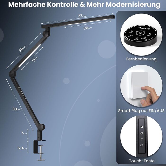 AmazLit Adjustable LED Desk Lamp with Remote - 12W Dual Light Source Architect Lamp, Dimmable & Adjustable Color Temperature Clamp Desk Lamp for Office