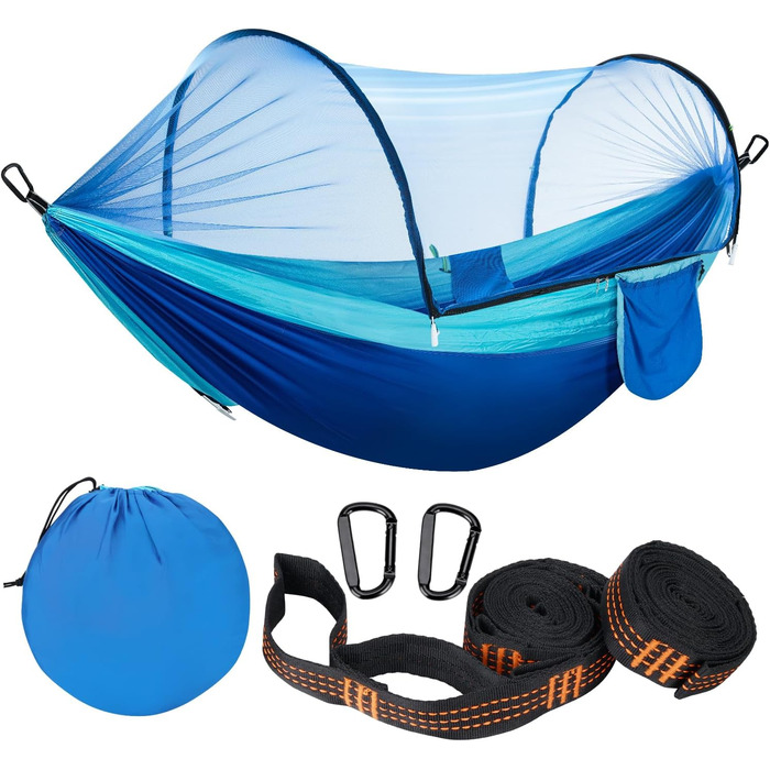 Легка туристична гамак з москітною сіткою, 300 кг | Гамак для кемпінгу, подорожей, пікніків, дихаючий, швидковисихаючий | Гамак з парашутного нейлону, портативний, для рюкзаків, піших прогулянок, саду (синій, 270x140 см)