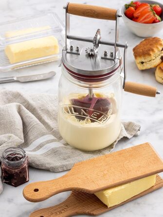 Kilner Butter Churn Glass with Hand Crank, Manual Hand Crank and Silicone Mixer, 1L, Opening: 7.2 cm, 16.5 cm x 11 cm x 27 cm, Make butter yourself in about 10 minutes, Glass butter container (pack of 2)