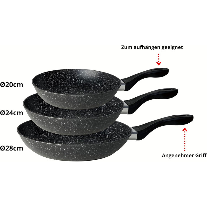 Набір сковорідок, чорний колір, з ефектом граніту - 3 шт. (28 см + 24 см + 20 см), антипригарне покриття, для індукційних, газових та склокерамічних плит