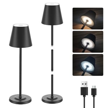 Світлодіодна настільна лампа 3-в-1 бездротова з акумулятором 5500mAh, регульована висота, димування, 3 кольори світла - USB акумуляторна настільна лампа металева водонепроникна сенсорна для дому та вулиці, чорна (набір 2 шт.)