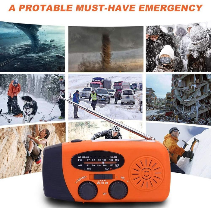 Радіо Solar Radio: портативне радіо з ручним приводом, динамо, AM/FM, 2000mAh Powerbank, ліхтарик LED, зарядка USB для мобільного телефону, для кемпінгу та відпочинку на природі, оранжевий колір