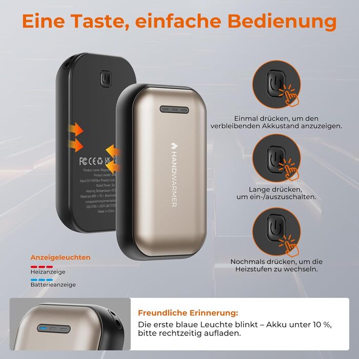 Електричний гріє для рук 2 шт. – 6000mAh, магнітний, USB-C, 3 рівні нагріву до 55°C, для активного відпочинку, кемпінгу, гольфу, синдром Рейно