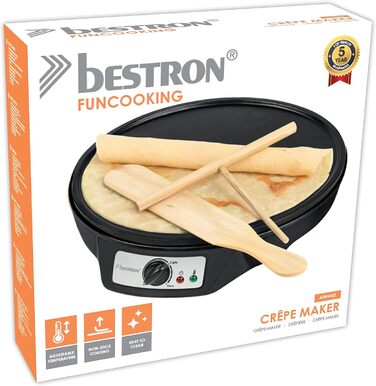 Електрична млинниця Bestron Retro, 30 см, антипригарна, 1000 Вт, чорна, з лопаткою та розподілювачем тіста