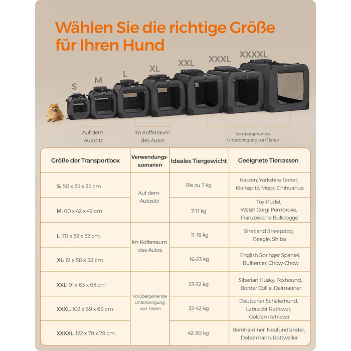 Клітка для собак Feandrea, переноска для собак, середнього розміру, сіра, 60 x 42 x 42 см