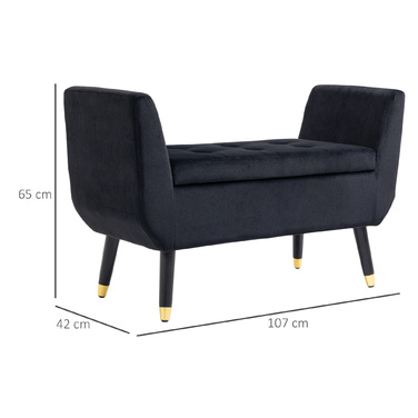 HOMCOM Luxury Bench with Storage & Armrests, Velvet Polyester, Rubber Wood, Black, 107x42x65cm for Living Room & Entryway